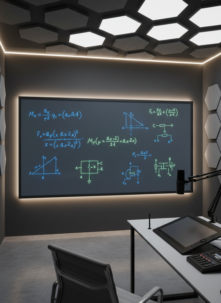 A large, pristine digital whiteboard filled with neatly written physics equations, free-body diagrams, and circuit sketches in vibrant blue and green markers, all rendered with crisp clarity. The whiteboard is mounted on a dark charcoal wall in a dedicated educational studio, framed by acoustic panels and soft LED strip lighting along the ceiling. Overhead studio lights create even, shadow-free illumination across the board, highlighting every symbol and line. On a nearby sleek console table, a high-quality microphone, drawing tablet, and control panel hint at a professional online teaching setup. Photographic realism with a slightly wide-angle view captures the entire teaching area, conveying a focused, high-tech, and disciplined learning environment.