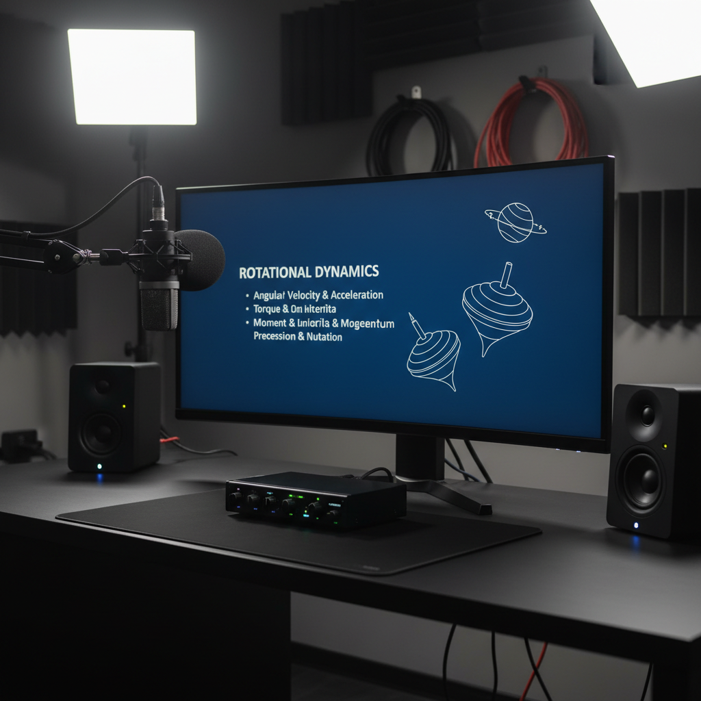 A high-end educational recording studio desk featuring a large curved monitor displaying a paused physics lecture slide on rotational dynamics, with clean vector diagrams and bullet points on a deep blue background. Surrounding the monitor are two compact studio speakers, an audio interface, and a professional condenser microphone on a boom arm, all arranged meticulously on a matte black desk surface. Soft, even LED panel lights cast a bright yet gentle illumination, eliminating harsh shadows and reflecting subtly off the metal surfaces. In the background, acoustic foam panels and neatly coiled cables are softly blurred. Photographic realism, shot from an eye-level, slightly off-center angle, creates a modern, technical, and highly professional atmosphere for online teaching.