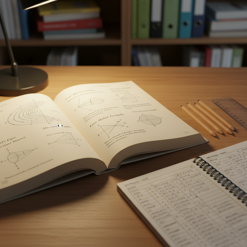 A close-up, photographic view of an open physics textbook on a smooth wooden desk, pages covered with detailed diagrams of electromagnetic fields, ray optics, and Newton’s laws, with cleanly printed annotations in the margins. Beside the book lie a neatly arranged set of sharpened pencils, a transparent plastic ruler, and a spiral-bound notebook filled with well-organized handwritten solutions. Gentle, warm desk-lamp lighting falls from the upper left, creating a cozy pool of light and soft shadows, while the background fades into a subtle blur of additional stacked reference books. Captured from a slightly elevated angle with shallow depth of field, the scene feels studious, calm, and methodical, ideal for focused JEE and NEET exam preparation.